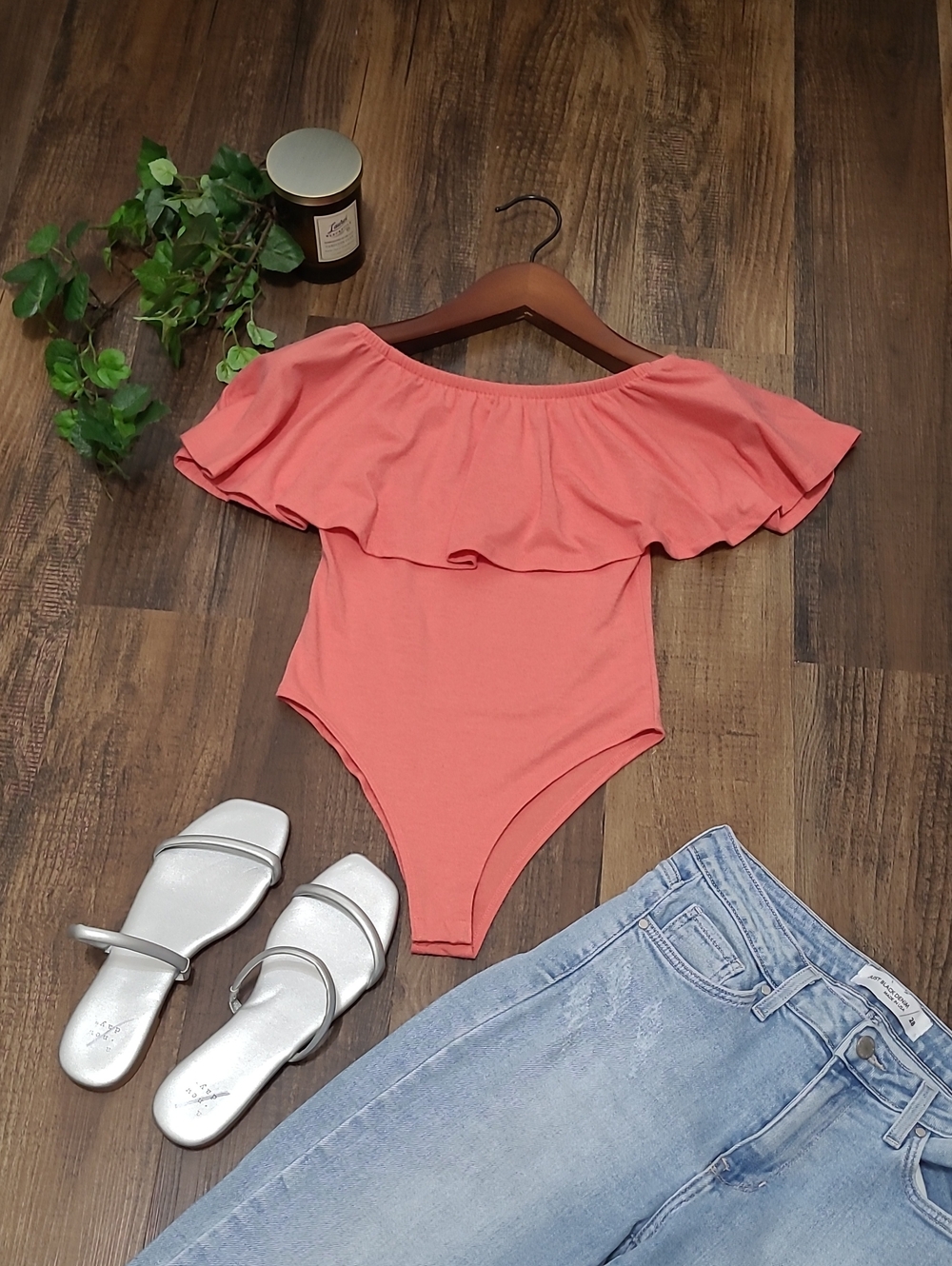 3/$25 Zenana Coral Off-the-Shoulder Ruffle Bodysuit